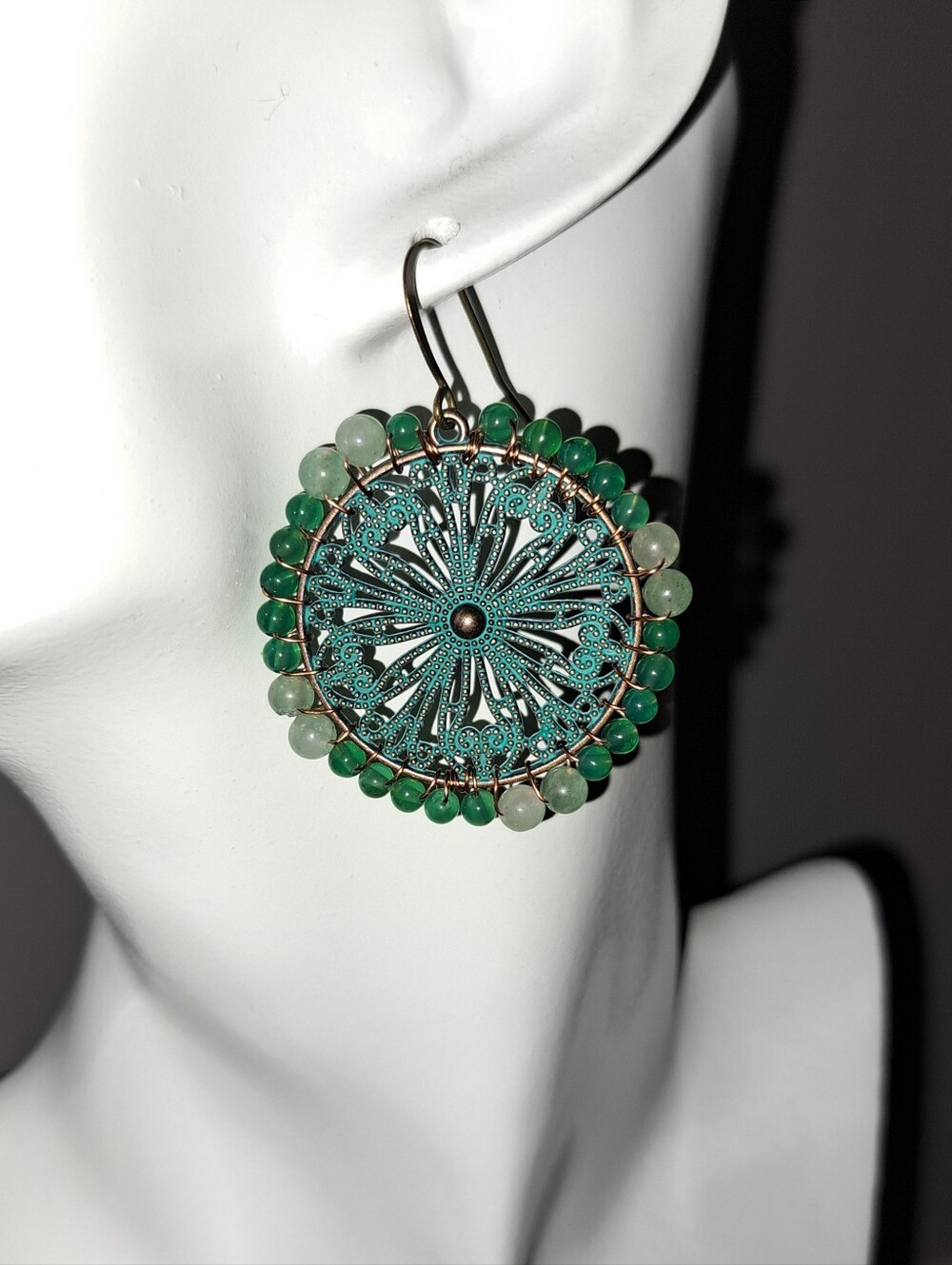 Turquoise Patina Brass Filigree Earrings with Green Agate & Adventurine Beads